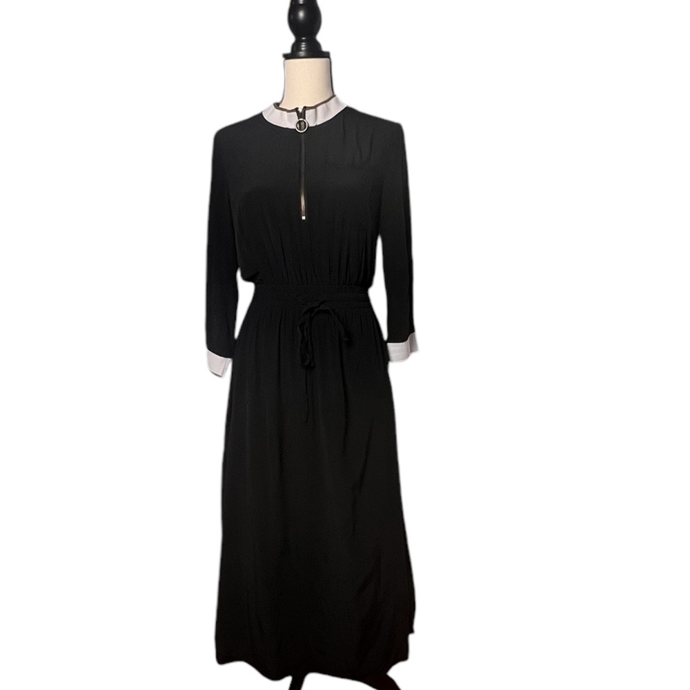 Alexis Roe Cotton Black Dress Sz S White Tab Collar & Cuffs Lined Pre-owned